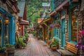 A charming village street lined with wooden buildings and vibrant flowers, A quaint village street lined with charming shops and