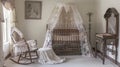 Charming Vintage Nursery: Antique Crib, Heirloom Rocker, and Elegant Lace Canopy