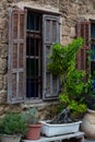 Charming vintage windows with shutters on a stone facade adorned with lush greenery and potted plants in Neve Tzedek, Tel Aviv- Royalty Free Stock Photo