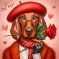 A charming vizsla dog in a fashionable style, holds a red rose in its mouth in cute, love signs, romantic athmosphere, love art