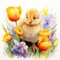 Charming Watercolor Baby Chick Nestled Amidst Tulips AI Generated