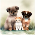 Charming Watercolor Companions - Puppies and Kittens Together. AI Generated Royalty Free Stock Photo