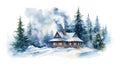 Charming Watercolor Cozy Cabin Surrounded by Snowy Pines AI Generated