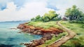 Charming Watercolor Drawing Of Coastal Path With Wooden Bridge