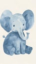 Charming watercolor drawing of a friendly blue elephant sitting and waving with a warm gesture