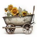 Vintage Charm: Rustic Wheelbarrow Brimming with Sunflowers - Watercolor Illustration Perfect for Rustic AI Generated