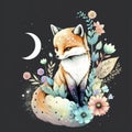 Fox under the Moon Whimsical Flower Watercolor Picture - Generative AI