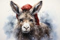 A charming watercolor illustration of a donkey in a festive hat surrounded by a pile of gifts