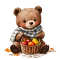 Adorable Watercolor Bear with Fruit Basket Royalty Free Stock Photo