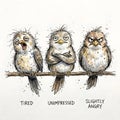 A Trio of Grumpy Birds: Whimsical Watercolor Illustration of Fowl on a Branch Embodying Tiredness, Unimpressedness, and Slight Royalty Free Stock Photo