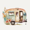 Classic Vintage Camper Travel Home Watercolor Illustration, Isolated on White Background - Generative AI