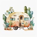 Nostalgic Nomad, Watercolor Vintage Camper Travel Home Illustration, Isolated on White Background - Generative AI