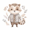 Charming watercolor illustration of a friendly raccoon in a detailed sweater, surrounded by a variety of soft