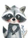 Charming watercolor illustration of a raccoon with floral elements.