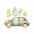 Charming Watercolor Illustration Of Vw Beetle With Green Leaves