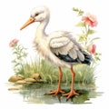 Charming Watercolor Illustration Of A White Stork By A Pond