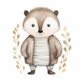 A charming watercolor image of a friendly badger in a textured sweater and coat, surrounded by a subtle spray of fall