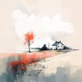 Charming Watercolor Landscape Digital Art With Minimalistic House