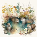 A charming watercolor painting of a group of baby otters playing in a river