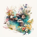 A charming watercolor painting of a group of baby otters playing in a river