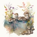 A charming watercolor painting of a group of baby otters playing in a river