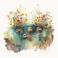 A charming watercolor painting of a group of baby otters playing in a river