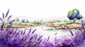 Charming Watercolor Painting Of Lavender Fields Over Water With Farm