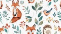 Charming watercolor pattern featuring a fox, rabbit, hedgehog, and bird among vibrant florals on a clean white backdrop Royalty Free Stock Photo