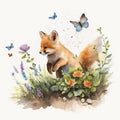 A charming watercolor playful baby fox