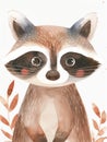 Charming watercolor raccoon with autumn leaves.