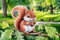 Charming watercolor of a red squirrel perched on a tree branch, nibbling on a nut. Royalty Free Stock Photo