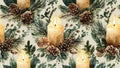 Festive Watercolor Seamless Pattern with Candles, Pine Cones, and Fir Branches Royalty Free Stock Photo