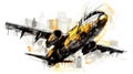 A charming watercolor sketch of an airplane with yellow gray lines Royalty Free Stock Photo