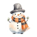 charming watercolor snowman with a black top hat and a warm scarf on an isolated background