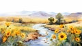 Charming Watercolor Sunflower And Mountain Landscape Illustration