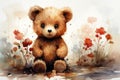 Charming Watercolor Teddy Bear with Blooming Flowers Artwork.