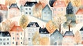 Charming Watercolor Village Houses and Trees Seamless Pattern for Invitations and Scrapbooking.