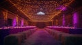 Rustic Barn Wedding Reception with String Lights and Purple Hues Royalty Free Stock Photo