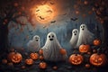 A Charming and Whimsical Halloween Featuring a Variety of Cute and Creepy Ghosts and Many Pumpkin at Night with Castle and Moon