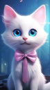 The Charming White Cat with a Pink Bow Tie and Big Blue Eyes .