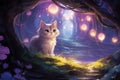 Charming white fluffy cat in mystical garden amid ancient trees and glowing fireflies. Whimsical fairytale design, soft Royalty Free Stock Photo