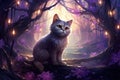 Charming white fluffy cat in mystical garden amid ancient trees and glowing fireflies. Whimsical fairytale design, soft Royalty Free Stock Photo