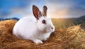White Hotot Medium Rabbit Perched on Haystack, Cozy and Serene Easter Scene in a Rustic Barnyard, Capturing Springs Warmth with a Royalty Free Stock Photo