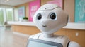 A charming white humanoid robot poses in a bright, modern setting, ready to interact. Royalty Free Stock Photo