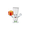 Charming white plastic tube mascot design has a red box of gift