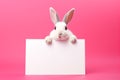 a charming white rabbit holds in its paws a white sheet of paper with a place for text,on a monochrome bright pink background,a