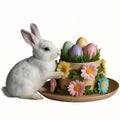Cute White Easter Bunny with Pastel Eggs in Floral Basket Royalty Free Stock Photo