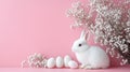 A charming white rabbit rests beside pristine white eggs, symbolizing the joy and renewal of the Easter season Royalty Free Stock Photo