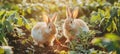 Charming white rabbits happily nibbling on carrots in a picturesque garden scene