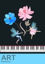 Charming winged fairy and elf dancing with large flowers-musical notes over the piano keys isolated on a black background. Music Royalty Free Stock Photo